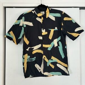 Men’s restortwear navy blue yellow short sleeve button up Wood Wood shirt size S